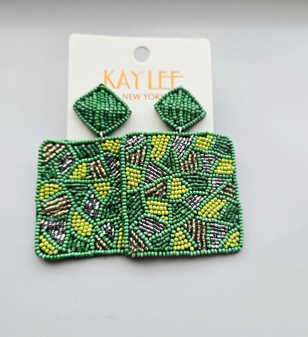 Kay Lee Glass Green Beaded Square Earrings New